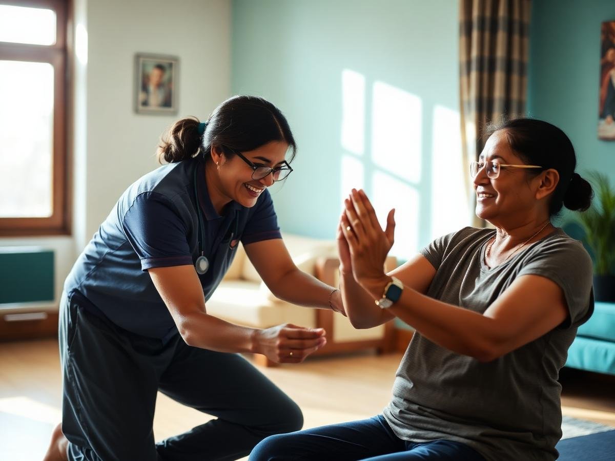 Physiotherapist guiding a patient through an exercise at home